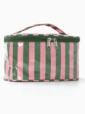 Stripe Cosmetic Bag, Waterproof Toiletry Bag, Travel Makeup Organizer Pink Green